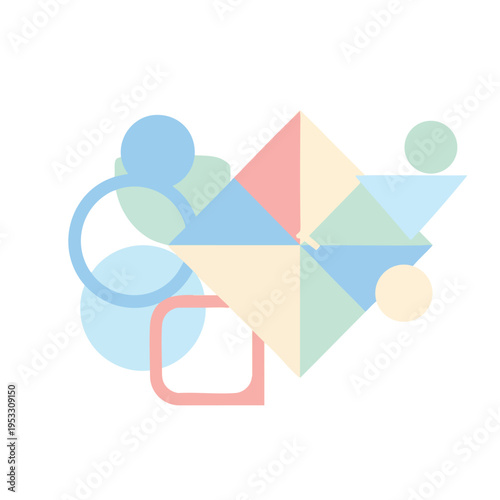 Pastel geometric shapes, overlapping circles, and a rounded square form an abstract composition