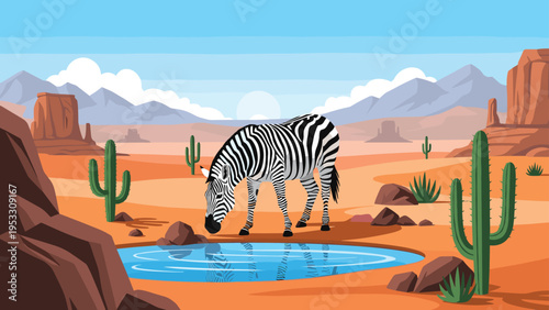 Lone zebra drinks refreshing water from a small blue pond in a dry desert landscape filled with cacti and rocky mesas.