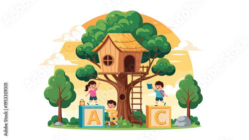 Group of creative children play with large alphabet blocks near a whimsical treehouse in a sunny green park.