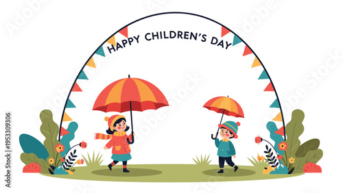 Two children with colorful umbrellas walk happily through a flowery meadow under a festive Childrens Day banner arch.