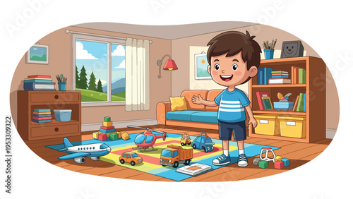 Happy young boy shows off his tidy bedroom filled with many colorful toys including airplanes helicopters and cars.