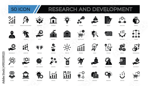 Research and Development glyph Icons Set for Science Innovation Technology Laboratory Experiment and Business R&D