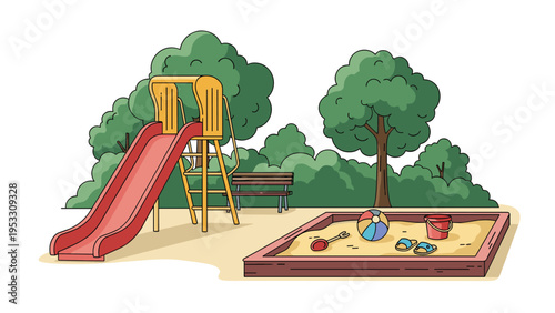 Quiet and empty playground features a red slide a wooden bench and a sandbox filled with toys under tall green trees.