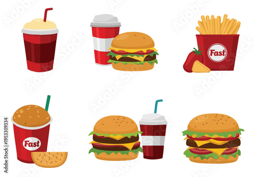 A Delicious Assortment of Fast Food Items Including Burgers Fries and Drinks Ideal for Menus and Advertisements