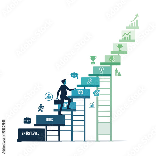 Man climbs ladder of success, starting from entry level jobs to achievements