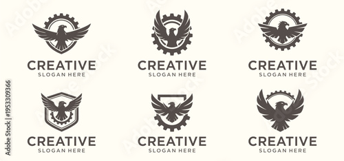 Strong Eagle Logo Set, Powerful Bird of Prey Emblem Collection Vector