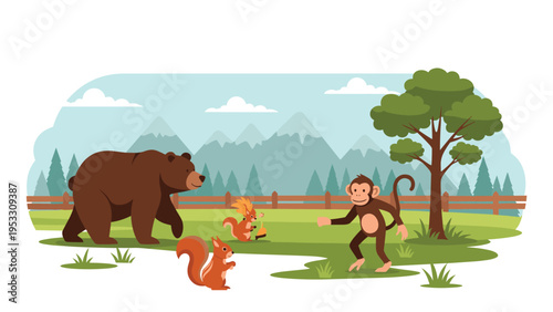 Diverse group of animals including a bear a monkey and squirrels gather in a green field with mountains in the background.