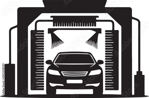 Black car in automatic car wash with brushes vehicle