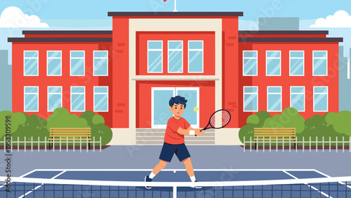 Active young boy plays tennis on a blue court in front of a large red school building under a bright sunny sky.