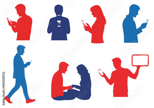 Silhouettes of people interacting with their mobile devices and other objects, illustrating modern lifestyle and communication habits