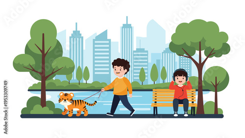 Young boy walks a pet tiger on a leash through a city park while another child listens to music on a bench with buildings.