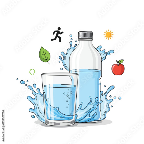 Glass of water and bottle with splashes, surrounded by health icons
