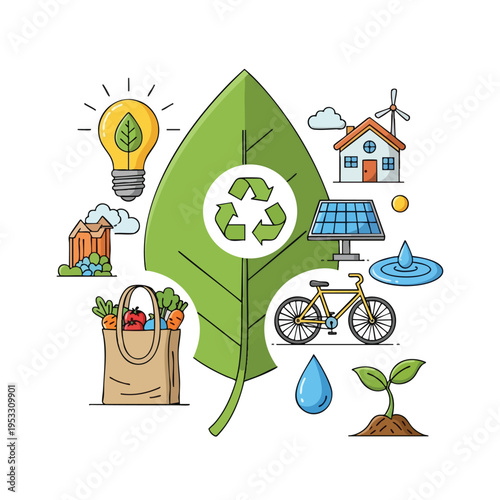 Environmentally conscious lifestyle icons leaf, recycling, energy, transport, house, food, water, plant