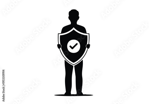 Silhouette of a person holding a shield with a checkmark, symbolizing protection, security, and confirmation