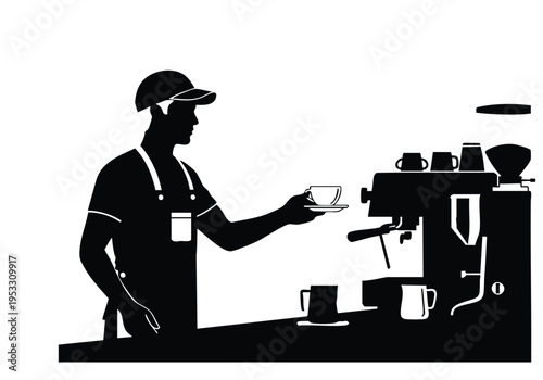 Barista making coffee with a professional espresso machine and holding a cup of coffee, illustration