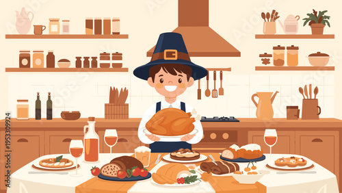 Smiling boy wearing a pilgrim hat presents a large roasted turkey during a thanksgiving dinner feast in a warm and cozy kitchen.