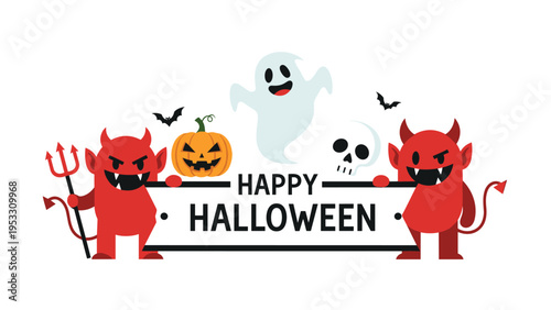 Two red devil characters and a friendly ghost hold a happy halloween sign together with a pumpkin and skull in a simple style.