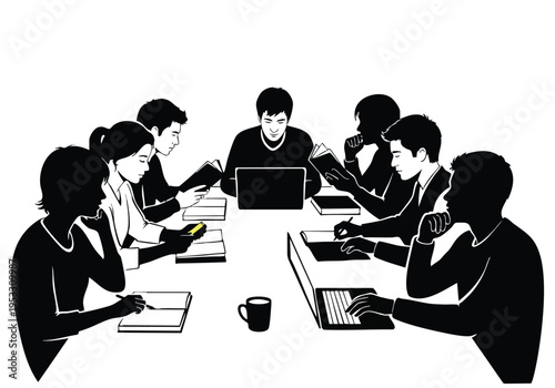 Teamwork and collaboration illustrated by people working together around a table in a meeting or study group, engaging in discussion and learning