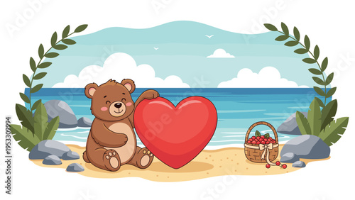 Sweet brown teddy bear sits on a sandy beach holding a large red heart next to a basket of berries with the ocean behind it.
