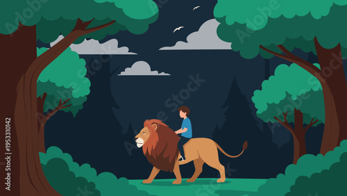 Young boy rides a majestic lion through a dark and mysterious forest at night with white birds flying under the cloudy moon.