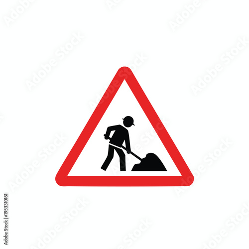 Warning sign depicting a person with a hard hat digging dirt with a shovel