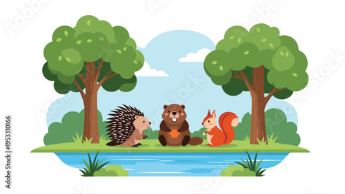 Porcupine, beaver, and squirrel gather together by a calm pond in a beautiful forest clearing with trees and soft blue clouds.