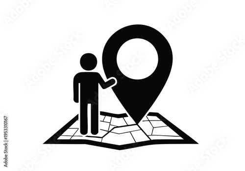 A person standing next to a large map pin icon, representing location, navigation, and finding places