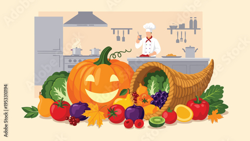 Professional chef prepares food in a kitchen behind a large cornocopia filled with colorful harvest vegetables and a pumpkin.