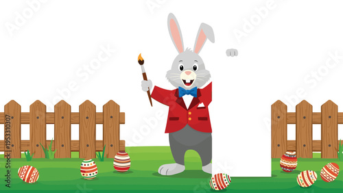 Easter bunny dressed in a red jacket and bow tie holds a paintbrush next to a blank white board and colorful easter eggs.