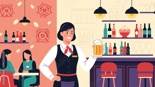 Professional waitress in a vest and tie holds a glass of beer in a modern bar with shelves of bottles and customers talking.