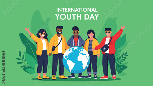 Group of diverse young people stand around a globe to celebrate international youth day with plants and green background.
