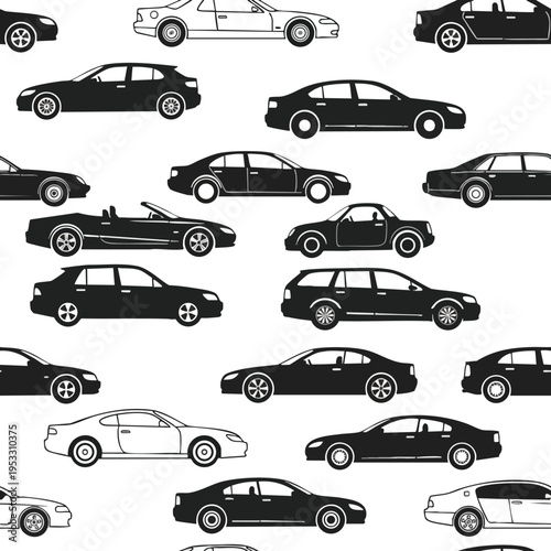 Diverse collection of black and white car silhouettes, showcasing various models and styles