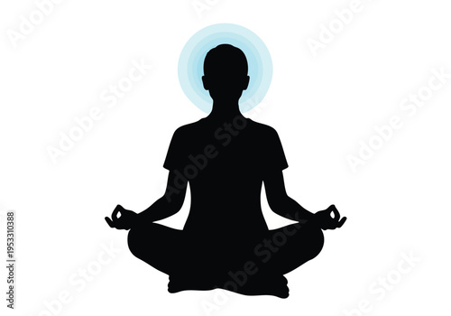 Serene silhouette of a person meditating in a lotus position, emitting a soft blue aura, symbolizing inner peace and mindfulness