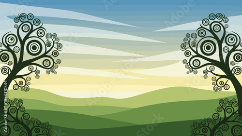 Stylized landscape illustration featuring rolling green hills and unique curly trees under a peaceful layered sky at sunset.