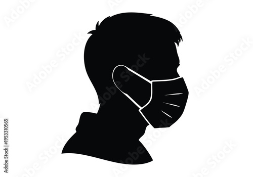 Silhouette profile of a person wearing a protective face mask for health and safety against airborne particles