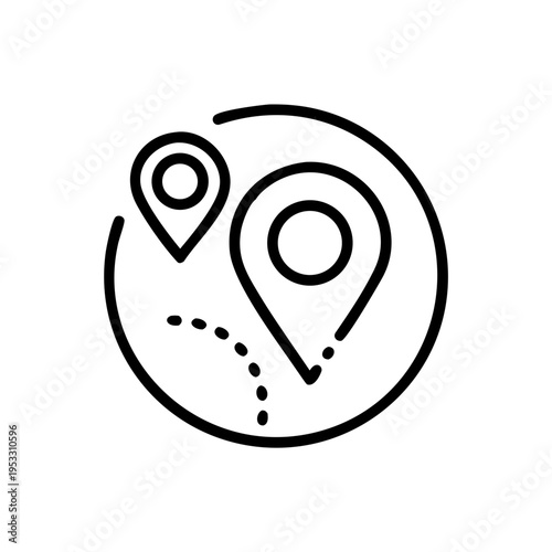 Location pin icon with route line and circle for travel destination map marker and navigation system
