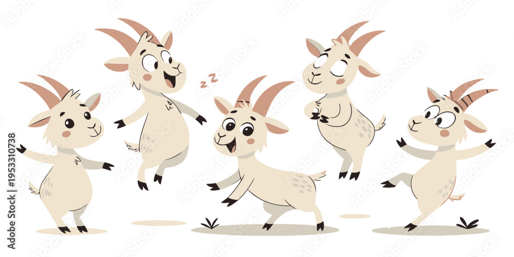 Naklejka premium Five cute cartoon goats in playful poses, standing and sitting, with simple rounded shapes and black outlines on a white background.