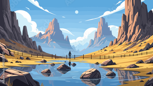 Lone silhouette of a person stands near a calm lake reflecting tall jagged mountain peaks under a clear blue sky in nature.