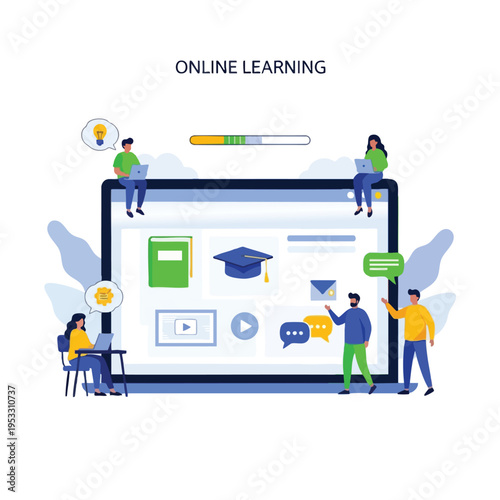 Digital tablet displays online learning content; people interact via laptops and chat