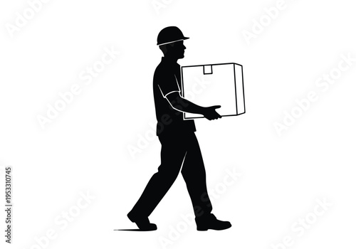 Silhouette of a construction worker in a helmet carrying a cardboard box, symbolizing delivery, logistics, and manual labor in the industry