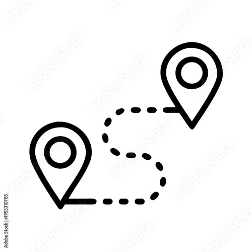 Photos Two map pin location markers connected by dotted line for journey route travel p