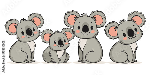 Koalas cute cartoon vector set of five adorable marsupials sitting peacefully in a harmonious natural arrangement.