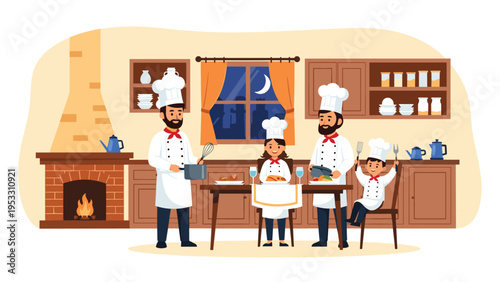 Family of four dressed as professional chefs prepares a delicious meal together in a warm and cozy home kitchen at night.