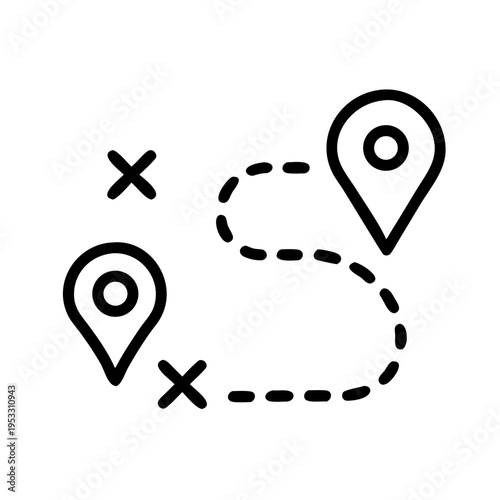 Route line from point a to point b with location pins and cross marks navigation concept