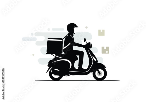 Silhouette of a delivery person riding a scooter with a backpack and a cargo box, conveying speed and efficiency in urban logistics and courier services