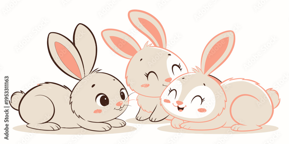 Obraz premium Three cute baby rabbits lying down in a playful arrangement, rendered in a charming cartoon vector style with soft, rounded features and cheerful