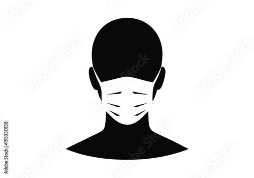 A simple black and white illustration of a human head wearing a medical mask, conveying a message about health and safety