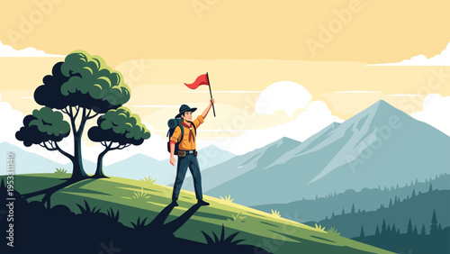 Brave young scout wearing a uniform and backpack holds a red flag on top of a grassy hill with mountains in the background.