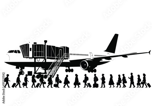Airplane boarding with jet bridge and passengers carrying luggage, symbolizing travel and transportation