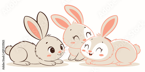 Three cute baby rabbits lying down in a playful arrangement, rendered in a charming cartoon vector style with soft, rounded features and cheerful